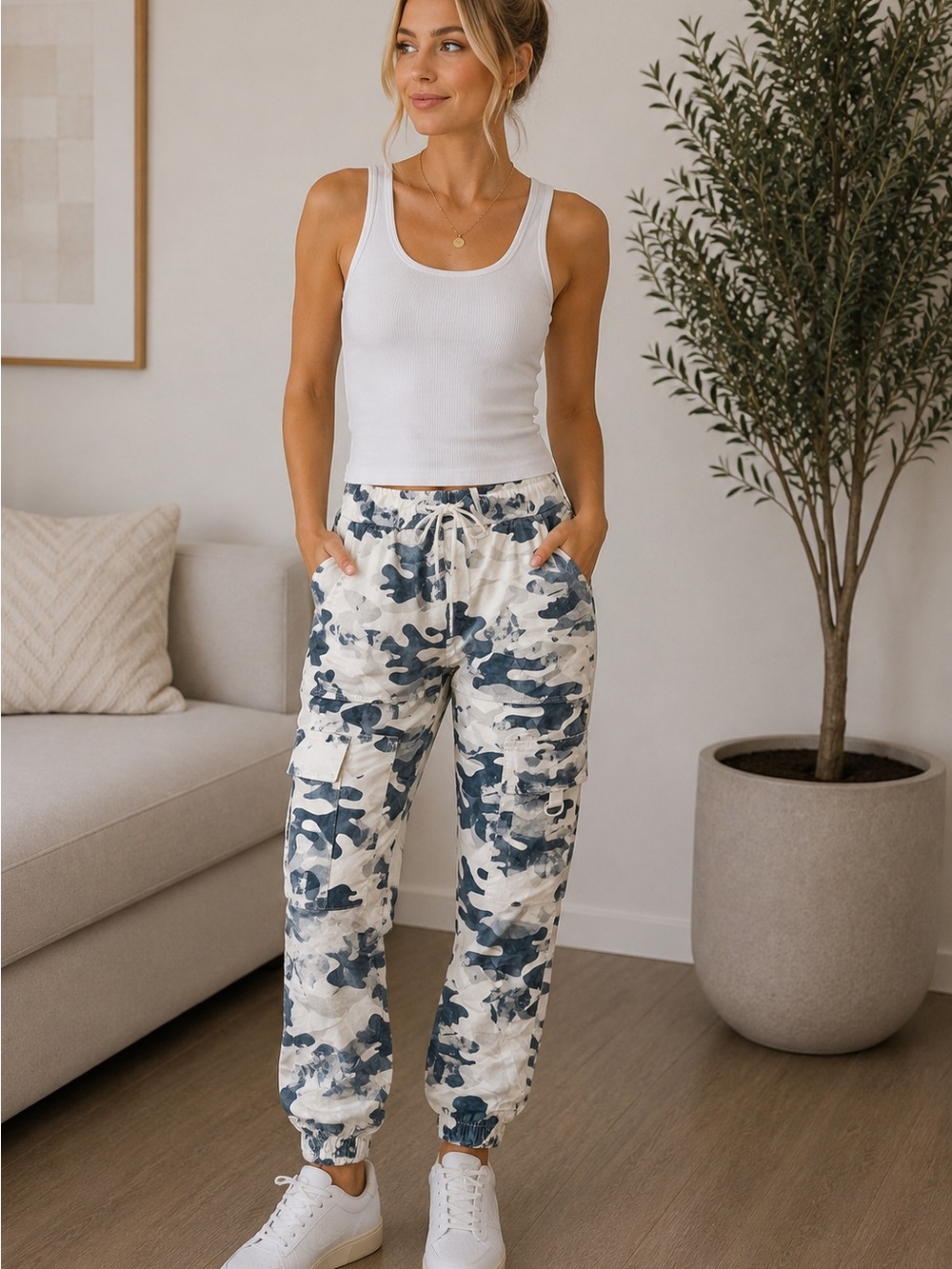 Women's Blue & White Camo Drawstring Jogger Pants